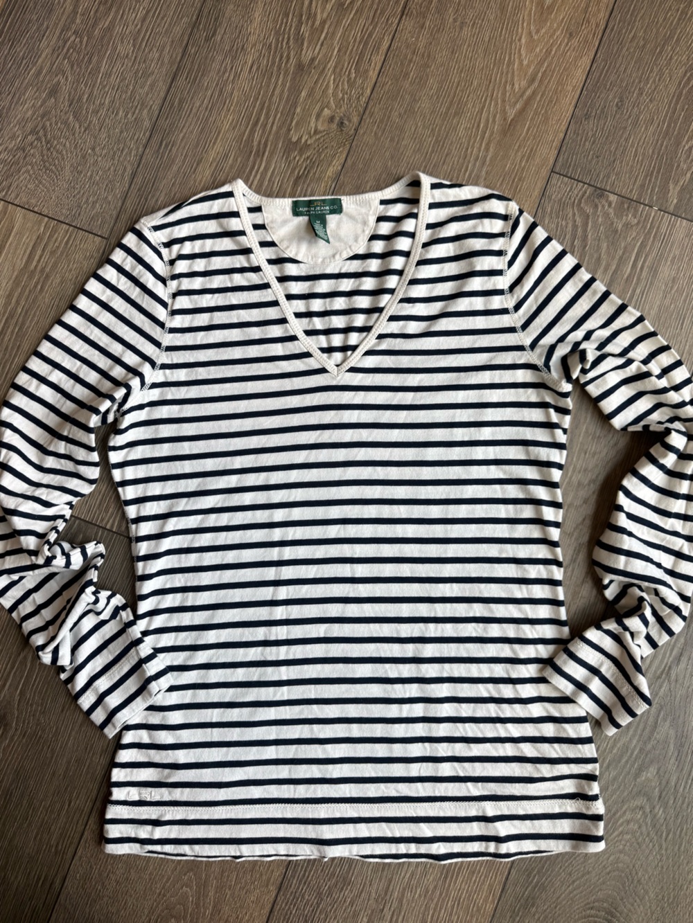 Lauren by Ralph Lauren White & Black Striped V-Neck Long Sleeve Top